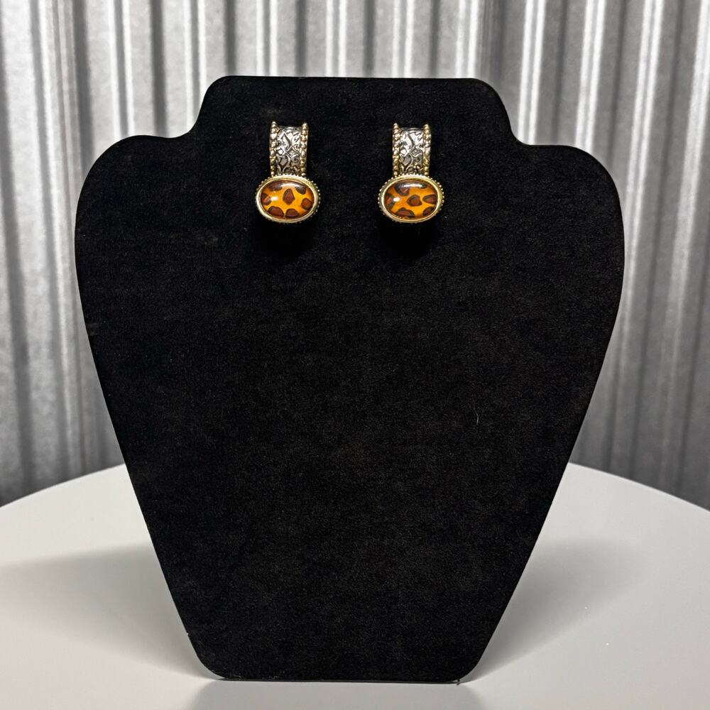Leopard Print Pierced Earrings Mixed Metal Gold‎ Silver Oval Enamel Statement